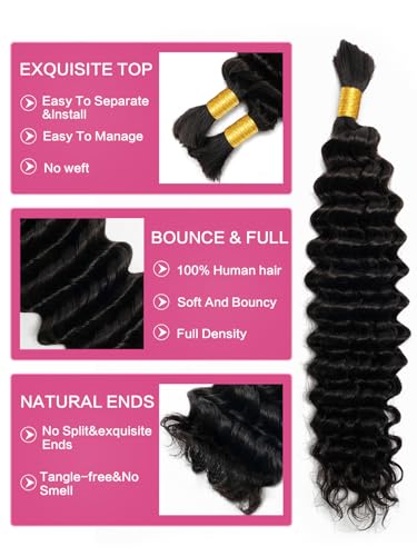Human Braiding Hair 3 Bundles/Pack 300g 22 Inch *3 Deep Wave Curly Bulk 100% Human Hair for Braiding No Weft 10A Brazilian Virgin Human Hair Extensions for Boho Braids Natural Black Wet and Wavy
