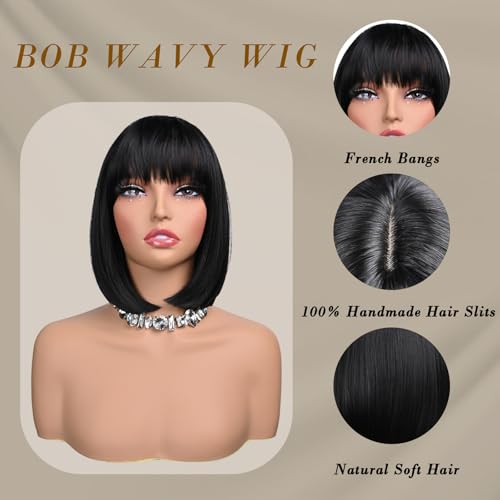 Black Bob Wig With Bangs Short Black Wig for Women 12 Inch Straight Bob wig with Bangs Synthetic Colorful Cosplay Daily Party Use（Nutural Black,12IN）