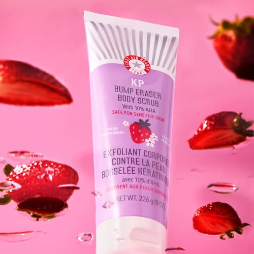 First Aid Beauty - KP Bump Eraser Body Scrub with 10% AHA, Keratosis Pilaris Exfoliater with Glycolic and Lactic acids, Helps Reduce Chicken Skin Bumps, Safe for Sensitive Skin, Strawberry Scent, 2 oz