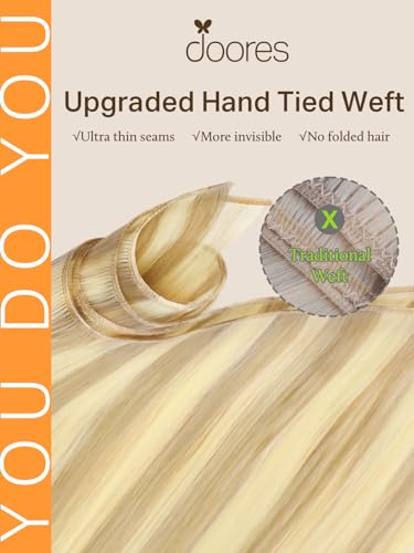 DOORES Genius Weft Hair Extensions Remy Human Hair, 20 Inch Drity Blonde Highlight Golden Blonde 60g, Hand Tied Extensions Human Hair