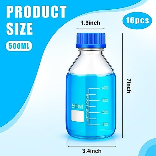 Chuarry 16 Pieces Media Storage Bottles Borosilicate Storage Glass Bottle Scientific Round Graduated Media Bottle with Blue Gl45 Screw Cap for Lab Water Reagent Liquids (500 ml)