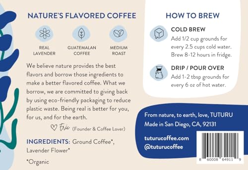 Organic Lavender Ground Coffee | Real Lavender Flower | Medium Roast, Organic Flavored Coffee | Smooth Low-Acid | Perfect for Drip, Pour Over or Cold Brew | 8 oz, 22 Servings