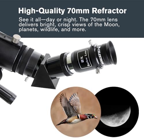 Celestron Travel Scope 70DX Portable Refractor Telescope – 70mm Aperture, Fully-Coated Glass Optics – Includes Bonus Phone Adapter, Backpack & More – Ideal for Beginners & Travel