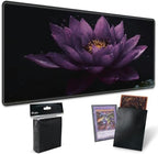 for MTG Playmat TCG Board Game Mat Plus 50 Pcs Card Sleeves, 24 x 14 Table Mats Dark Purple Lotus Game Mousepad with Soft Surface Non-Slip Base for MTG Trading Card Game Playmats