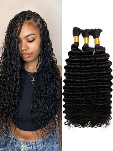 Human Braiding Hair 3 Bundles/Pack 300g 22 Inch *3 Deep Wave Curly Bulk 100% Human Hair for Braiding No Weft 10A Brazilian Virgin Human Hair Extensions for Boho Braids Natural Black Wet and Wavy