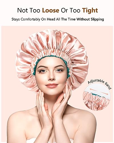 mikimini Satin Bonnet Silk Bonnet for Women Curly Hair, Reversible Double-Layer Sleeping Hair Bonnet Extra Large Stretchy Sleep Hair Cap (Green+Pink)