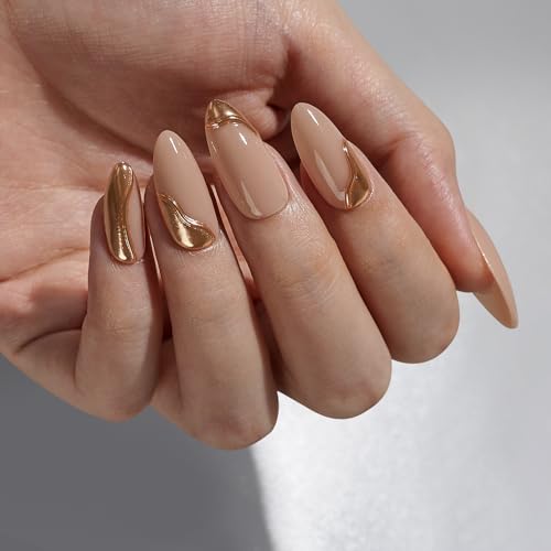 BTArtbox Press On Nails Almond - Glue On Nails Medium with 3D Sculpting Metallic Design, Supremely Fit & Glossy Fake Nails in 15 Sizes, Amber