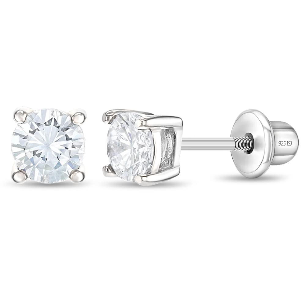 In Season Jewelry CZ Solitaire Kids Earrings – 925 Sterling Silver - Clear