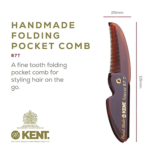 Kent 87T Handmade Folding Pocket Comb for Men, Fine Tooth Hair Comb Straightener for Everyday Grooming Styling Hair, Beard or Mustache, Use Dry or with Balms, Saw Cut Hand Polished, Made in England