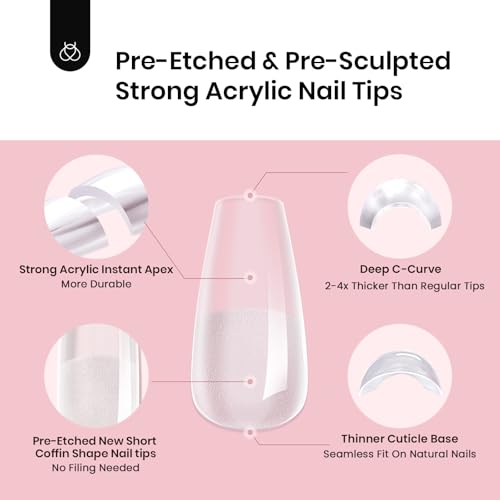 Beetles Tipex Instant Apex Nail Tips Short Coffin Shape 512 Pcs Pre Etched Fake Nails Tips Thick Acrylic Nail Pre Builder Gel Press-on Nails