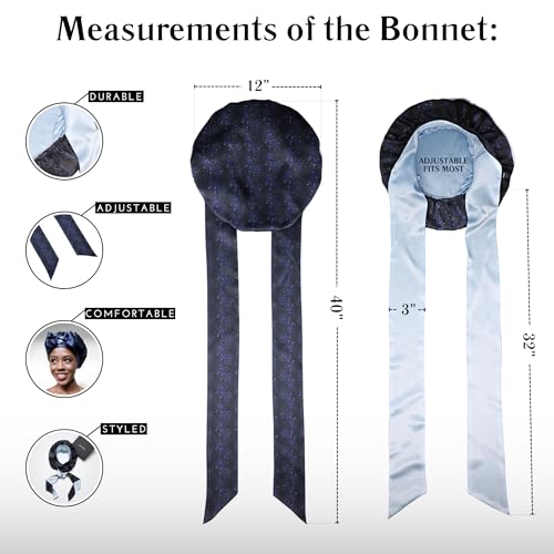 100% Mulberry Silk Bonnet for Sleeping Women, Handmade in USA 19 Momme Double Layer Reversible Silk Hair Wrap with Adjustable Ties, Non-Slip Sleep Cap for Curly & Natural Hair (Midnight)