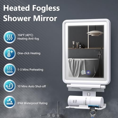 Heated Shower Mirror Fogless for Shaving, 3 Colors Stepless Dimmable Lights Fogless Mirror for Shower, Rechargeable Anti Fog Shaving Mirror with Razor Holder for Men, Light Memory Function, White