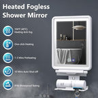 Heated Shower Mirror Fogless for Shaving, 3 Colors Stepless Dimmable Lights Fogless Mirror for Shower, Rechargeable Anti Fog Shaving Mirror with Razor Holder for Men, Light Memory Function, White