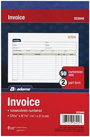 Adams Invoice Book 3 Pack, 2 Part Carbonless Invoices, Horizontal Sales Slip, 5-9/16 x 8-7/16 Inches, 50 Sets per Book (DC5840-3)