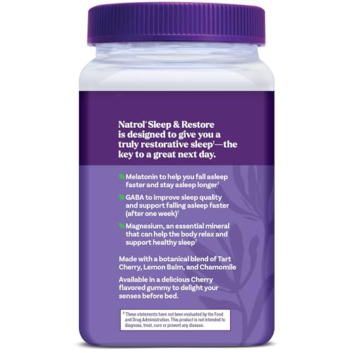 Natrol Sleep + Restore Magnesium Glycinate Blend Gummies with Melatonin 5mg - Calm Magnesium with GABA, Botanical Blend, Cherry Flavor, 60 Gummies