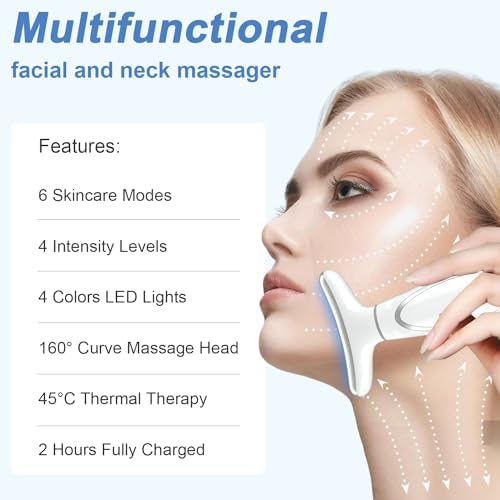Red-Light-Therapy-for-Face and Neck, Anti-Aging Facial and Neck Massager, Soothing and Relaxing Face Massager Device with 4 Color LED Therapy, Vibration and Thermal Functions for Skin Care (White)
