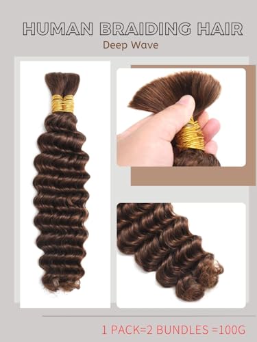 Human Braiding Hair 4# Deep Wave Bulk Human Hair for Braiding No Weft 100g 2 Bundles/Pack Curly Human Hair Extensions for Boho Braids Wet and Wavy Brazilian Virgin Human hair Braiding Hair (14 Inch)