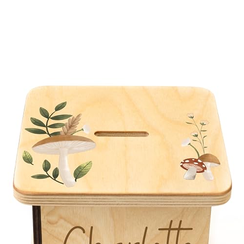 Wooden Piggy Bank for Kids and Adults, Personalized Gift Handmade in USA by BloomOwl, Custom Piggy Bank, Personalized Banks for Kids, Gifts for Baby Boys and Girls (Mushroom)