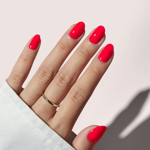 BTArtbox Press On Nails Short - Salmon Pink Press on Nails, Oval Fake Nails with Nail Glue, Reusable Glue On Nails in 16 Sizes Nail Kit, Tomato Tango