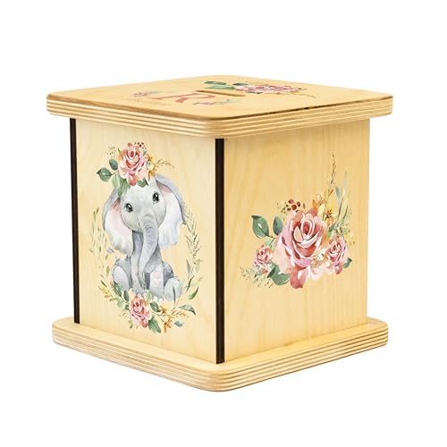 Wooden Piggy Bank for Kids and Adults, Personalized Gift Handmade in USA by BloomOwl, Custom Piggy Bank, Personalized Banks for Kids, Gifts for Baby Boys and Girls (Elephant- Coral)