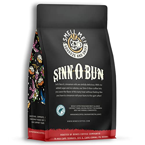 Bones Coffee Company Sinn 'O' Bun Flavored Coffee Beans, Whole Bean Coffee Medium Roast Low Acid, Cinnamon Bun Flavor (12 oz)
