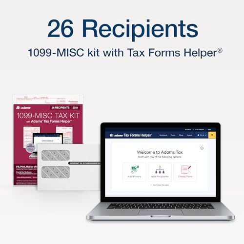 Adams 2024 1099 MISC Kit for 26 Recipients, 4 Part Laser 1099 Forms, 3 1096 Forms, Self Seal Envelopes & Access to Adams Tax Forms Helper (1009310)