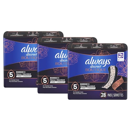 Always Discreet Boutique Adult Incontinence & Postpartum Pads For Women, Size 5, Heavy Long Abondant longues, 28 Count x 3 Packs (84 Count total) (Packaging May Vary)