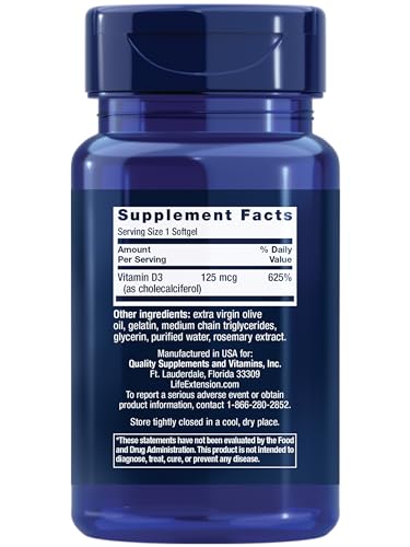 Life Extension Vitamin D3 125 mcg (5000 IU), Bone Health, Brain Performance, Immune System Support, Gluten-Free, Non-GMO, Once Daily, Two-Month Supply, 60 Softgels (Pack of 2)