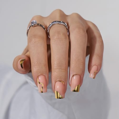 BTArtbox Press On Nails Short Square - Gold Designed Press On Nails, Winter Glue On Nails for Women Gifts, Natural Fake Nail with Glue, Glue On Nails in 16 Sizes - 30 Nail Kit, Gold Leaf