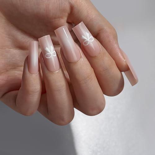 BTArtbox Press On Nails Long - Pink Press On Nails with Ombre Center, Cute Bowknot Design Fake Nails with Nail Glue, Fit Perfectly & Natural Reusable Stick On Nails in 15 Sizes, Bowknot