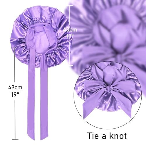 2Pc Silk Bonnet Satin Hair Bonnet With Tie Band for Sleeping Large Bonnets Hair Wrap with Adjustable Straps Hair Shower Cap for Women Curly Braid Hair(Purple+Pink)