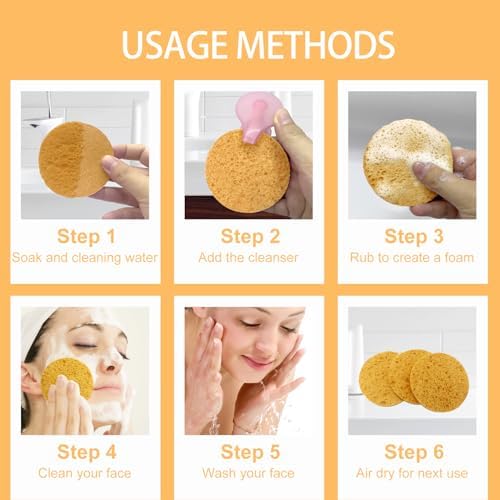 50-Count Large Compressed Facial Sponges for Estheticians,Daily Cleansing and Gentle Exfoliating- 100% Natural Cellulose Spa Sponge Perfect for Removing Dead Skin,Dirt and Makeup(Round 2.95", Yellow)