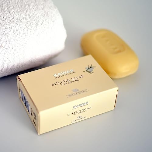 KAWAR Dead Sea Sulfur Soap with Olive Oil, Relief Skin Conditions Such as Acne, Psoriasis, Eczema & Blackheads, for Oily to Normal Skin, Vegan Soap Bar for Men & Women, 4.2 oz