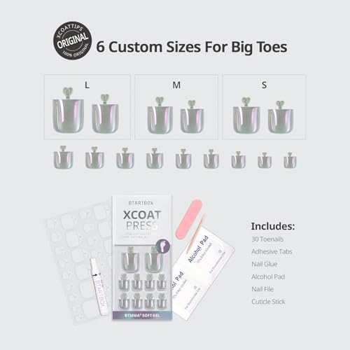BTArtbox Press On Toenails - Lamp-Curable Real Square Chrome Toe Nail Press Ons with Glue for Women, Semi-Transparent Fake Toe Nail Tips in 15 Sizes - 30 Toenails Kit, Galaxy Gleam