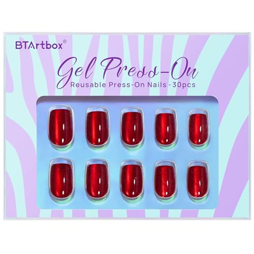 BTArtbox Press On Nails Red - Cat Eye Press On Nails Square for Gifts,Cherry Short Stick On Nails with Glue, Glossy Reusable Nail Tips in 15 Sizes - 30 Soft Gel Fake Nails Kit, Hot Love