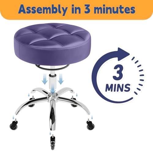 Rolling Stool Heavy Duty 400lb: Super Soft Seat Cushion,360° Swive,Height Adjustability,No Squeaky Noises,No Tip Over,New Upgraded Stool Salon Stool Chair, Tattoo Facial Massage Spa Medical (Purple)