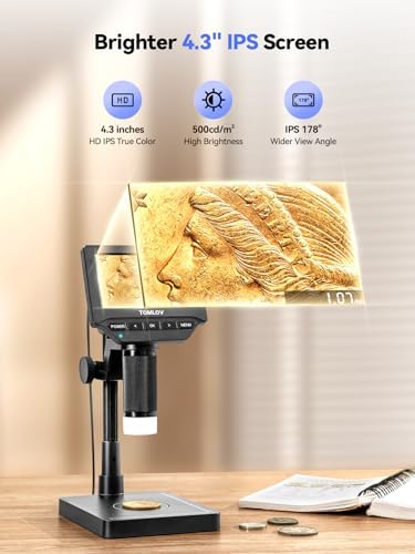 TOMLOV DM4W Microscope with Weighing Scale: 4.3" Digital Coin Microscope with Screen, Error Coin Magnifier with Lights, Weight Scale for Collectors, Jeweler, Students, Compatible with Windows/Mac