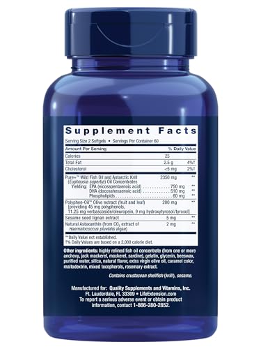 Life Extension Super Omega-3 Plus EPA/DHA Fish Oil, Sesame Lignans, Olive Extract, Krill & Astaxanthin - Heart, Brain & Joint Health Support - Gluten-Free, Non-GMO - 120 Softgels