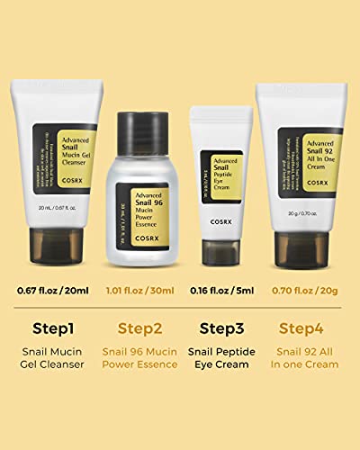 COSRX All About Snail Korean Skincare | TSA Approved Travel Size, Gift Set with Facuak Cleanser, Essence, Cream & Eye-cream, Repairing, Recovering, Rejuvenating Kit with Snail Mucin, Korean Skincare