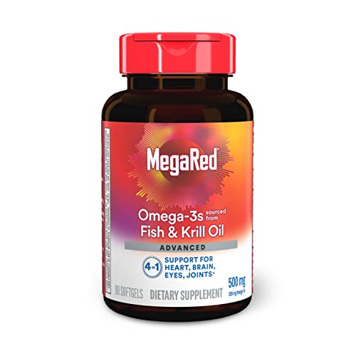 Megared Omega-3 Fish Oil + High Absorption Krill Oil 500mg Softgels, MegaRed Advanced 4in1 (80 count in a bottle) Concentrated Omega-3 Fish & Krill Oil Supplement