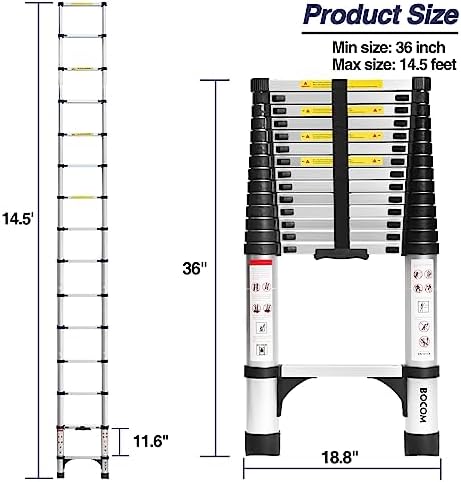 BOCOM 14.5 FT Aluminum Telescoping Ladder, Lightweight Multi-Purpose Collapsible Extension with 2 Triangle Stabilizers, Heavy Duty 330 lbs Max Capacity, Ideal for Home, RV, and Outdoor Work Silver