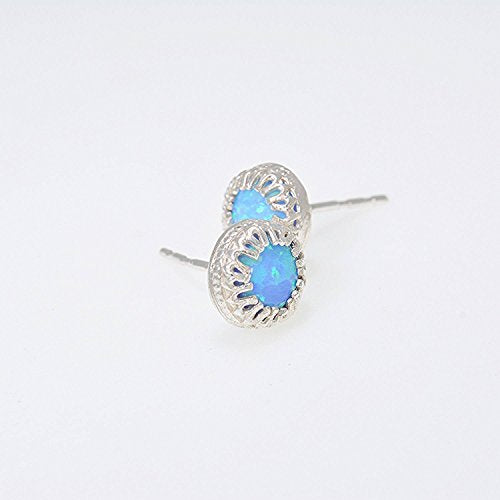 Blue Round Opal Stud Earrings 6mm Sterling Silver Women Handmade Lab Created Birthstone