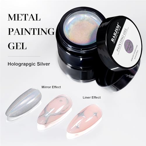 RARJSM Metallic Painting Gel Nail Polish Silver Mirror Chrome Holographic Laser Rainbow Effect Metal Painted Drawing Gel Polish Glossy Shine 8ml Soak Off Curing Need Home Salon DIY Nail Art Design