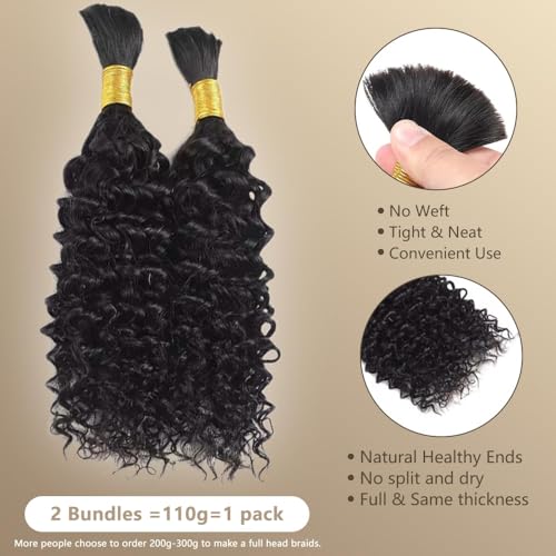 Human Braiding Hair 110g Water Wave Bulk Human Hair for Braiding 2 Bundles/Pack 14 Inch Wet and Wavy Boho Knotless Braids No Weft Brazilian Virgin Curly Extensions Black