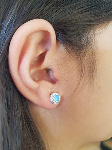 Blue Round Opal Stud Earrings 6mm Sterling Silver Women Handmade Lab Created Birthstone
