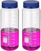 PATIKIL 2 Pack Reagent Media Storage Bottles, 1000ml Borosilicate Glass Wide Mouth Graduated Round Bottles with GL32 Blue Screw Cap for Lab Water Reagent Liquids, Clear