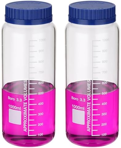 PATIKIL 2 Pack Reagent Media Storage Bottles, 1000ml Borosilicate Glass Wide Mouth Graduated Round Bottles with GL32 Blue Screw Cap for Lab Water Reagent Liquids, Clear