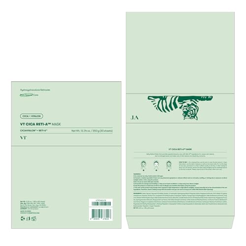 VT COSMETICS CICA Reti-A Mask Sheet 30 Pcs, Retinol Complex for Daily Care, Instant Glow Mask, Easy & Quik, Gentle for All Skin, Korean Skincare