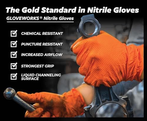 GLOVEWORKS HD Orange Nitrile Gloves, 8 mil Nitrile Disposable Gloves with Raised Diamond Texture, Mechanic Gloves Disposable