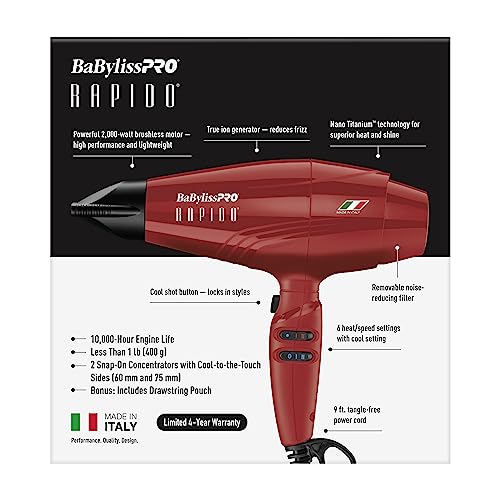 BaBylissPRO Nano Titanium Italian Rapido Hair Dryer - Professional, Lightweight 2000 Watt Blow Dryer